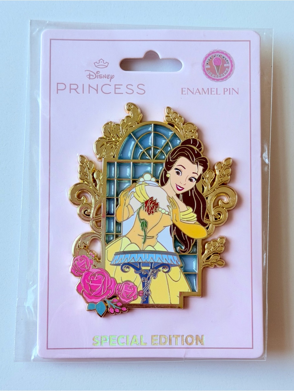 PALM Disney Belle Jumbo Pin Enchanted Rose Stained Glass LE 300 (Pink à la Mode)